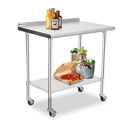  Stainless Steel Table, 30 X 24 Inches Prep & Work Table With Caster Backsplash And Adjustable Undershelf Metal Utility Workstations For Commercial Kitchen Or Restaurant Supplies