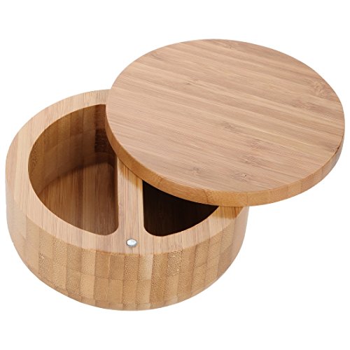  2-in-1 Round Bamboo Container, Divided Spice Holder, Salt And Pepper Wooden Box With Magnetic Lock