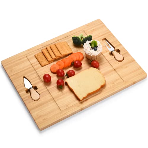  Bamboo Wooden Cheese Board With Knife & Fork Set - Charcuterie Board, Cheeseboard Knife Utensil Set - Wooden Serving Tray Platter - Ideal Wedding Or Housewarming Gift
