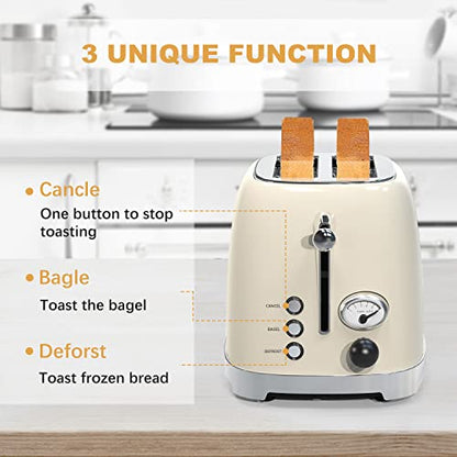  Toaster 2 Slice,1.5"Extra Wide Slots Toaster,Retro Stainless Steel With Bagel, Cancel, Defrost, Reheat Function And 6-Shade Settings, Removal Crumb Tray (Cream)