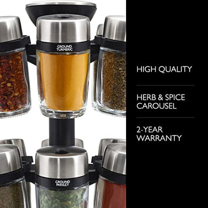  Cole & Mason 16 Herb & Spice Carousel - Rotating Spice Rack - Metal Two-Tier Organizer - Lazy Susan Style - Stainless Steel/Black, 10 Inch