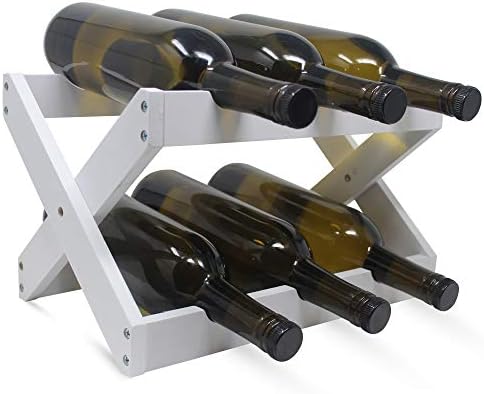  Foldable Bamboo Wine Rack ~ 6 Bottle Wine Holder Stand ~ Countertop Wine Holder For Kitchen, Bar, Cabinets ~ Holds 6 Bottles (White, 1)