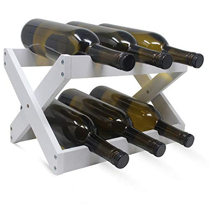  Foldable Bamboo Wine Rack ~ 6 Bottle Wine Holder Stand ~ Countertop Wine Holder For Kitchen, Bar, Cabinets ~ Holds 6 Bottles (White, 1)