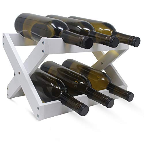 Foldable Bamboo Wine Rack ~ 6 Bottle Wine Holder Stand ~ Countertop Wine Holder For Kitchen, Bar, Cabinets ~ Holds 6 Bottles (White, 1)