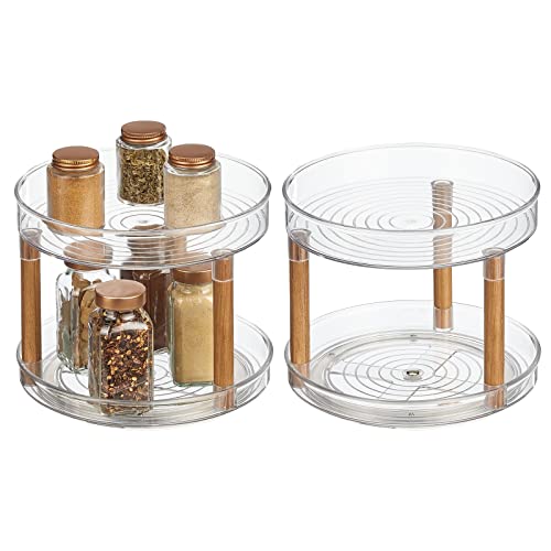  By Nate Berkus 2-Tier Plastic 9-Inch Turntable Organizer With Ash Wood Accents | For Kitchen Cabinet, Countertop, Or Pantry Organizing From MDesign - Set Of 2, Clear/Natural