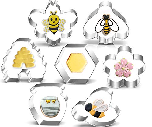  Ee Cookie Cutters Set-3 Inches-7 Piece-Bee, Beehive, Flower, Honeycomb And Honey Jar Stainless Steel Cookie Biscuit Cookie Cutters Molds For Honey Bee Party Decoration Favor