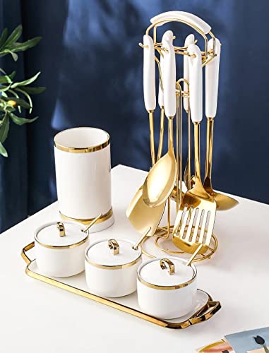  Stainless Steel Kitchenware Seven Pieces Set (White Gold).Cooking Utensils 7 Pcs Set With Hanging Shelf .Include Slotted Spoon, Slotted Spatula, Large Spoon, Soup Ladle, Spatula, Pasta Spoon.