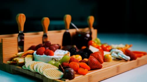  HOP & STICK Cutting Board And Cheese Knife Set With Magnetic Knife Holder - XXL 18'' X 12'' X 1'' Inch Bamboo Charcuterie Board Set, Multifunctional Board
