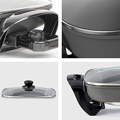  Non-Stick Electric Skillet With Tempered Glass Lid, Black And Grey, Deep-Dish Frying Pan, 12" X 12" Cooking Surface, Vented Lid, One-Pot Cooking, Grill, Saute, Stir-Fry, Stew