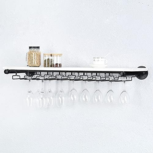  Industrial Pipe Shelving Hanging Stemware Racks,Rustic Wall Mounted Wine Rack With 8 Glass Holder,Steampunk Iron Floating Bar Shelves Stemware Holder,36in Metal Real Wood Shelf Wall Shelf