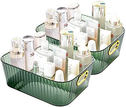 2 Pack Open Compartment Clear Plastic Organizer, Rectangular Makeup And Vanity Storage Bin And Pantry Caddy With Pass-Through Handles For Bathroom Kitchen Refrigerator Organizers And Storage