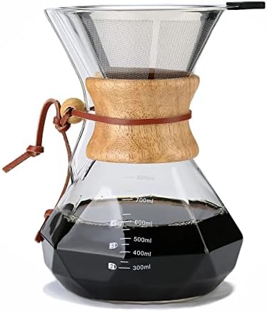  Pour Over Coffee Maker With Permanent Filter, 27oz Borosilicate Glass Coffee Carafe, Reusable Stainless Steel Filter And Modern Wooden Collar, Coffee Dripper Brewer, Hold 6 Cups