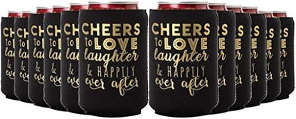  Wedding Can Can Cooler Decorations - Cheers To Love Laughter And Happily Ever After, Can Coolies Set Of 12, Wedding Supplies For Bridal Showers, Engagements And Bachelorette Parties (Black)