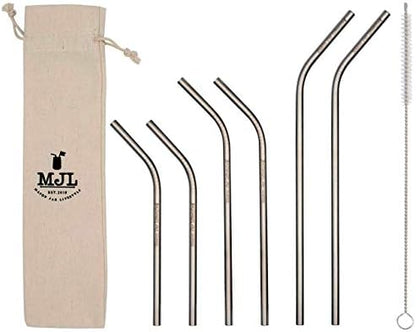  Combo Pack Thin Bent Stainless Steel Straws For Mason Jars (6 Pack + Cleaning Brush + Cloth Bag)