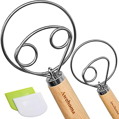  Danish Dough Whisk Large Hand Mixer - 2 Pack Large 13” Stainless Steel Wooden Danish Whisk With 2 Dough Scraper - Dutch Style Artisan Blender For Bread, Batter, Cake, Pastry - Gift For Bakers