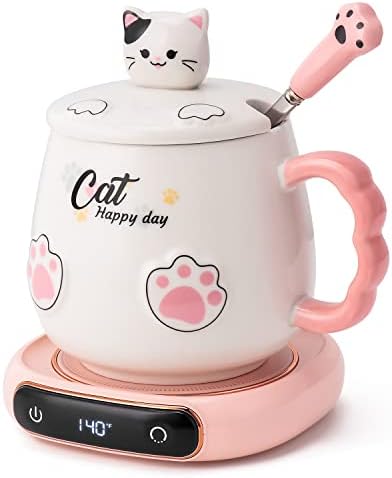  Coffee Mug Warmer & Cute Cat Mug Set, Beverage Cup Warmer For Desk Home Office With Three Temperature Up To 140℉/ 60℃, Coffee Warmer For Cocoa Milk Tea Water Candle, 8 Hours Auto Shut Off