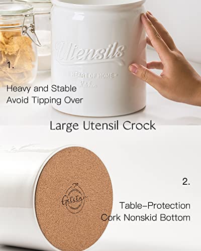  Getstar Utensil Holder For Kitchen Counter (7.2” X 6.2”) , Large Kitchen Utensil Holder With Protective & Non-Slip Cork Mat, Ceramic Cooking Utensil Holder (White)