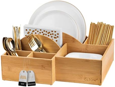  Countertop Silverware Caddy, 8 Compartment Paper Plate And Cutlery Caddy For Plates, Bowls, Forks, Spoons, Knives, Napkins, Perfect Flatware & Utensil Holder For Party, Picnic, Home, RV - Black