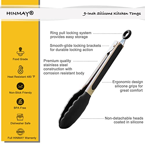  9-Inch Stainless Steel Cooking Tongs With Silicone Tips, Set Of 3 (Black)