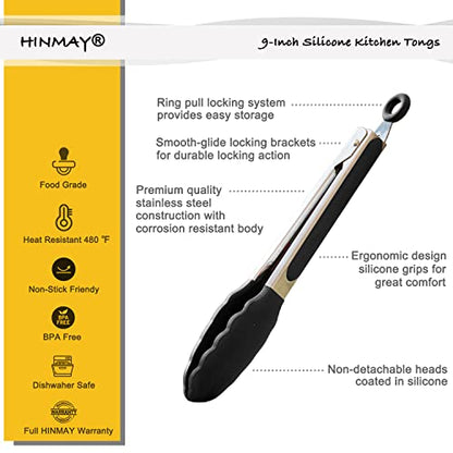  9-Inch Stainless Steel Cooking Tongs With Silicone Tips, Set Of 3 (Black)