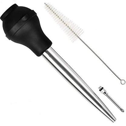  Home Servz Deluxe 304 Stainless Steel Turkey Baster Syringe Injector Needle With Cleaning Brush- Newest Black Silicone Bulb