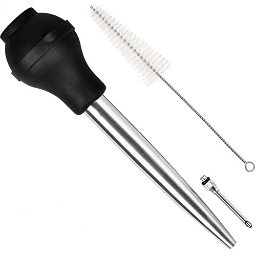  Home Servz Deluxe 304 Stainless Steel Turkey Baster Syringe Injector Needle With Cleaning Brush- Newest Black Silicone Bulb