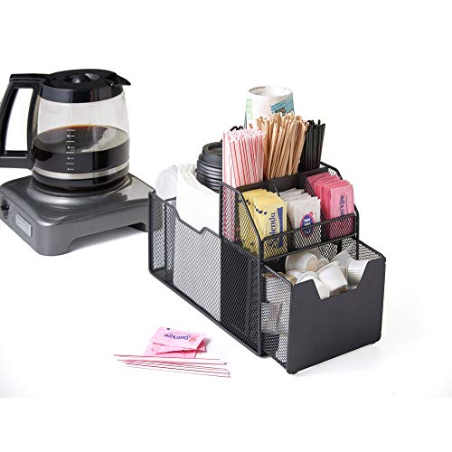  Nifty Coffee Condiment Organizer – Black Countertop Storage Organizer, Caddy Holder For Cups, Lids, Creamers, Sugars, Tea Packets In Kitchen Or Office Breakroom