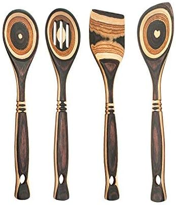  Pakkawood 4-Piece Utensil Set - Elegant Kitchen Spoon, Slotted Spoon, Corner Spoon, And Spatula For Serving & Cooking, Heat Resistant & Non-Stick Utensils