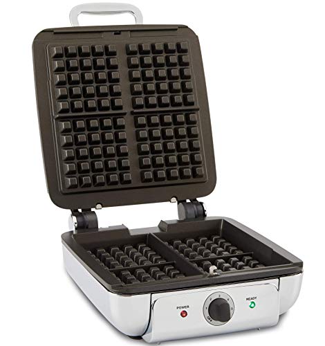  Electrics Stainless Steel Waffle Maker 4 Section Nonstick, Upright Storage 1600 Watts 6 Browning Levels, Square, Belgium Waffle, Removable Plates, Dishwasher Safe