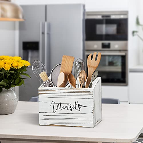  Wood Utensil Caddy For Kitchen Countertop, Utensil Holder With 2 Compartments, Wood Utensil Crock For Kitchen Counter, Kitchen Utensil Organizer For Countertop, Rustic White