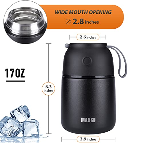  Soup Thermos For Hot Food, 17 Oz Stainless Steel Vacuum Insulated Lunch Container Bento Box With Spoon For Adults, Leakproof Thermal Food Jar For Office Picnic Travel - Black
