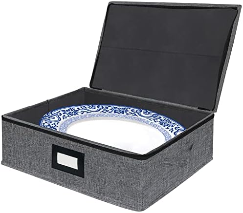  Platter Storage Case - Stackable China Storage Containers Hard Shell With Durable Zipper & Label & Sturdy Handles, 5.3” Height, Structured Top, 4 Felt Dividers Included (Dark Gray)