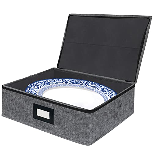  Platter Storage Case - Stackable China Storage Containers Hard Shell With Durable Zipper & Label & Sturdy Handles, 5.3” Height, Structured Top, 4 Felt Dividers Included (Dark Gray)