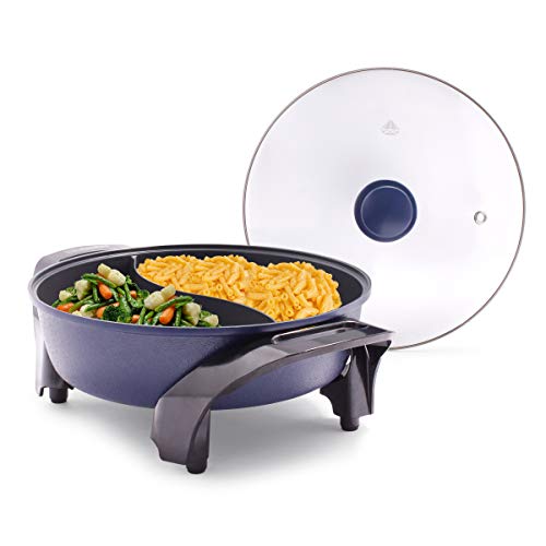  Ceramic Nonstick Split Savor, 5.5QT Electric Skillet Hot Pot With Divider, Dishwasher Safe, Adjustable Temperature Control, PFAS-Free, Blue