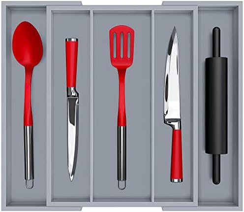  Uxury Bamboo Kitchen Drawer Organizer - Expandable Utensil Organizer For Drawer - Utensil And Silverware Holder And Cutlery Tray (Natural, 19.6"x17")