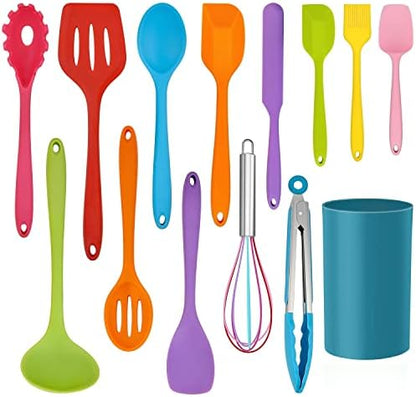  14 Pcs Cooking Utensils Set With Holder, Silicone Kitchen Cookware Utensils Set, Heat Resistant Cooking Gadget Tools Includes Spatula Spoon Turner Whisk Tong, Dishwasher Safe, Colorful
