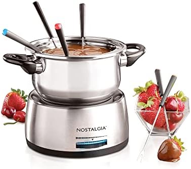 Nostalgia 6-Cup Stainless Steel Electric Fondue Pot Set With Temperature Control, 6 Color-Coded Forks, And Removable Pot - Fondue Pot For Chocolate, Candy Melts, Caramel, Cheese, Sauces, And More