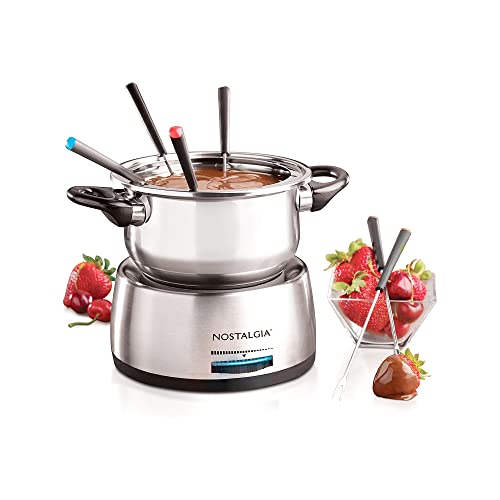  Nostalgia 6-Cup Stainless Steel Electric Fondue Pot Set With Temperature Control, 6 Color-Coded Forks, And Removable Pot - Fondue Pot For Chocolate, Candy Melts, Caramel, Cheese, Sauces, And More