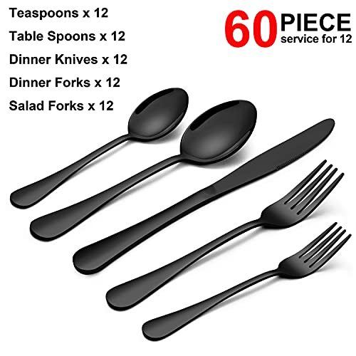  60-Piece Black Silverware Flatware Set For 12, Stainless Steel Eating Utensils Cutlery Includes Knives/Spoons/Forks, Tableware For Home Restaurant Party, Shiny Mirror Polished, Dishwasher Safe