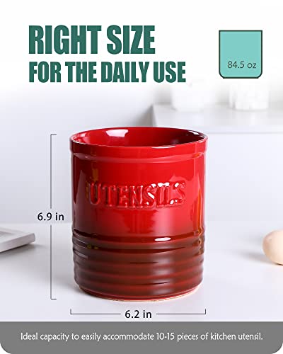  Kitchen Utensil Holder, Ceramic Utensil Crock Organizer For Countertop, H 7"x W6" Large Cooking Utensil Holder With Anti-slip Cork Bottom For Home Décor, Christmas Red
