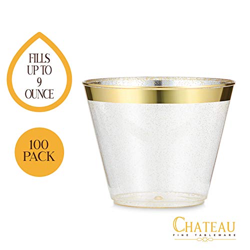  100 Pack 9oz Plastic Cups Gold Glitter With A Gold Rim - Premium Disposable Party Cups - Elegant And Classy Sturdy Cups - Weddings Birthdays Anniversaries And Other Social Events