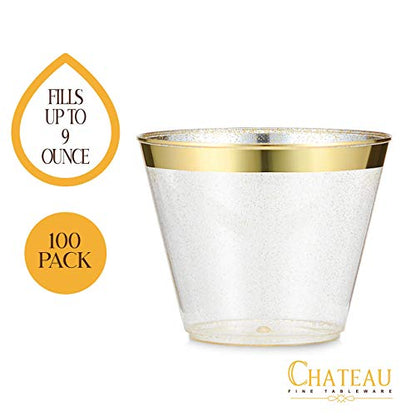  100 Pack 9oz Plastic Cups Gold Glitter With A Gold Rim - Premium Disposable Party Cups - Elegant And Classy Sturdy Cups - Weddings Birthdays Anniversaries And Other Social Events