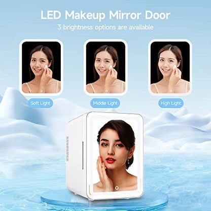  Mini Fridge For Bedroom, 6L Skincare Fridge With Dimmable LED Mirror, Cooler And Warmer Beauty Fridge, Portable Small Refrigerator, Mini Fridge For Makeup, Skincare, Drinks (White)