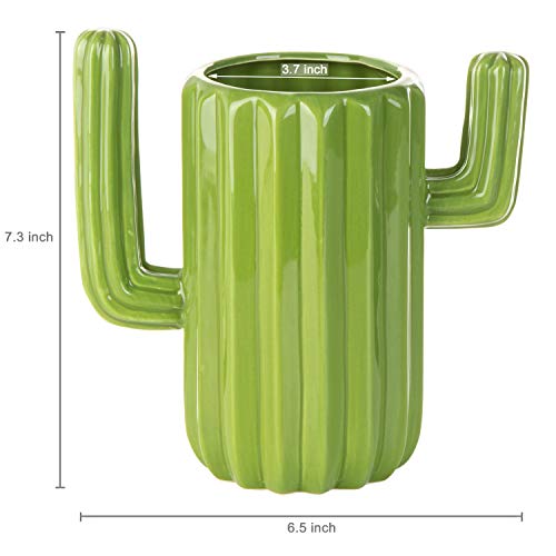  Southwestern Style Green Ceramic Utensil Holder With Cactus Shaped Design, Countertop Utensil Crock Container Kitchen Decor