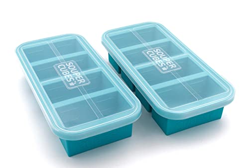  1-Cup Extra-Large Silicone Freezing Tray With Lid - Freeze Food Soup Broth Sauce In Perfect 1-Cup Portions, 2-Pack, Aqua Color