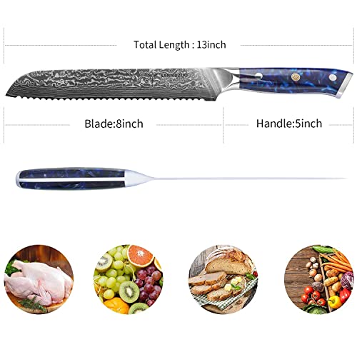  8” Bread Knife Serrated Blade- Damascus Steel & Resin Handle - Xuan Series(Sapphire Blue)
