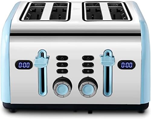  Toaster 4 Slice, REDMOND Retro Stainless Steel Toasters With LED Digital Countdown Timer Display, Dual Independent Control Panel, Reheat Defrost Cancel Function, High Lift Lever, Blue