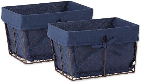  Farmhouse Chicken Wire Storage Baskets With Liner, Medium, Antique French Blue Gingham Check, 11x7.88x7", 2 Piece