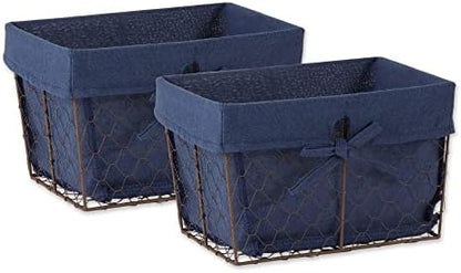  Farmhouse Chicken Wire Storage Baskets With Liner, Medium, Antique French Blue Gingham Check, 11x7.88x7", 2 Piece