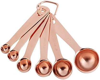  Measuring Spoons, Copper Plated Stainless Steel Measuring Spoons Set Of 6 Piece 1/8 Tsp, 1/4 Tsp, 1/2 Tsp, 1 Tsp, 1/2 Tbsp & 1 Tbsp For Measuring Dry And Liquid Ingredients, Fits In Spice Jars